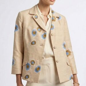 Tocca Silk Blend Embroidered Blazer Jacket 10 Beige Blue Floral Designer Twee